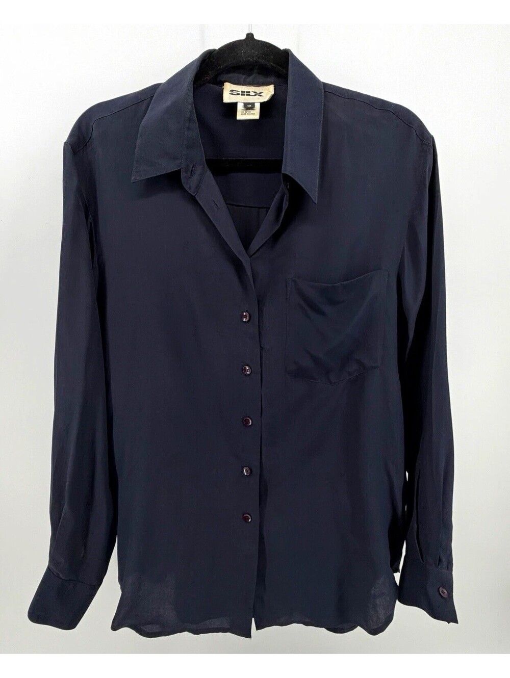 Vintage SILX Women’s 12 M Black 100% Silk Button Down Blouse Shirt 90s